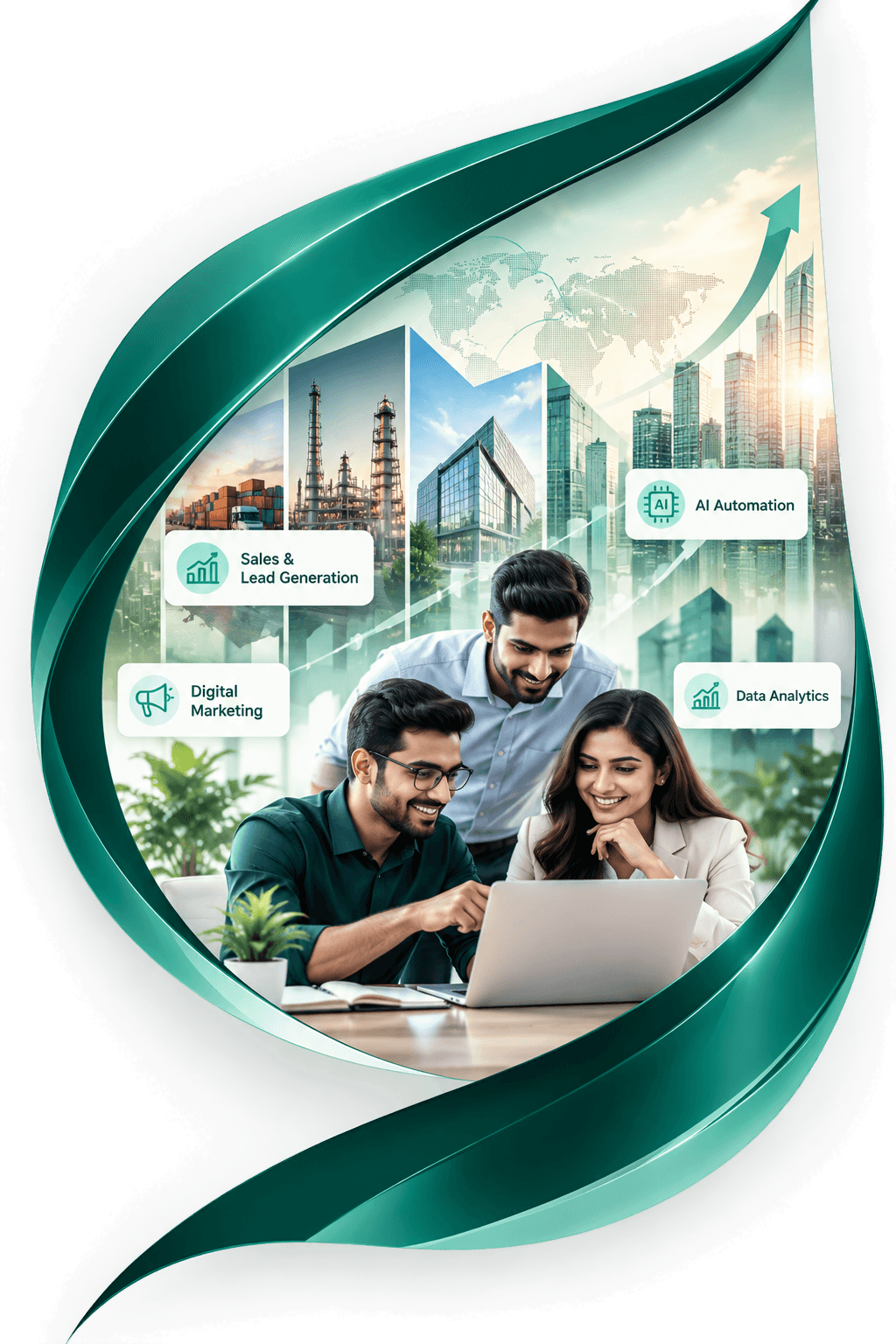 Projet team collaborating at a laptop inside a signature teal ribbon, with Sales & Lead Generation, Digital Marketing, AI Automation and Data Analytics highlighted against a business skyline
