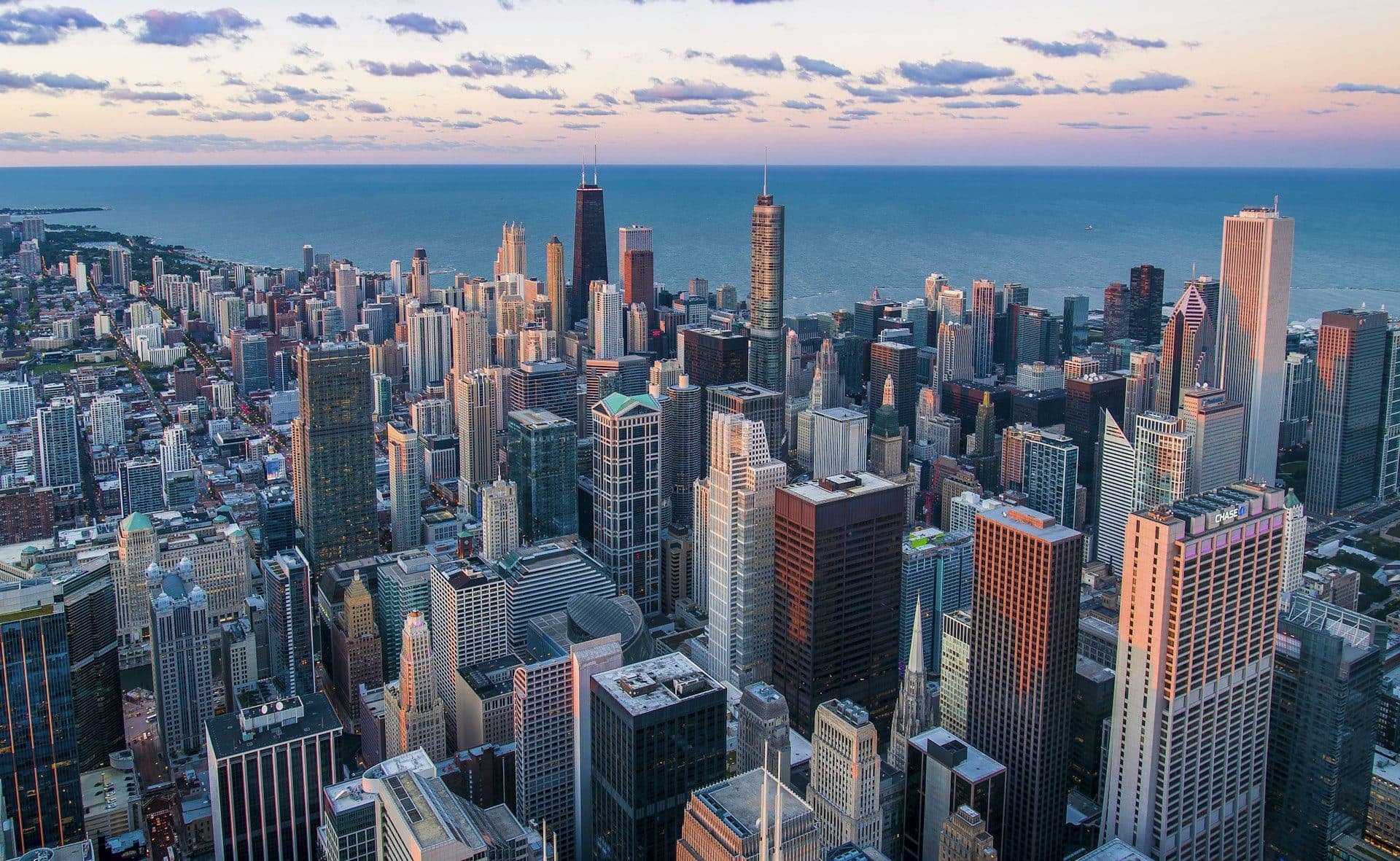 Business district skyline at dusk